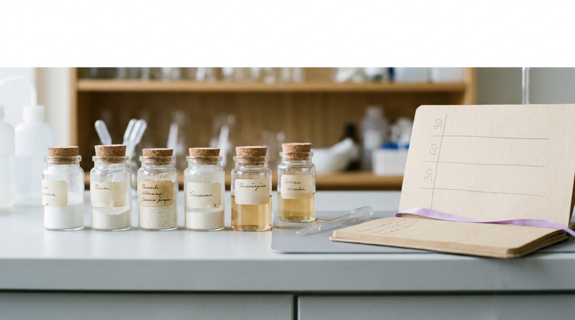 Lab bench with small labelled ingredient sample jars and a notebook showing a simple 90-day plan, in natural light